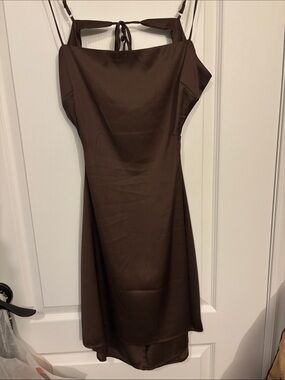 Brown Satin Tie-Back Slip Dress